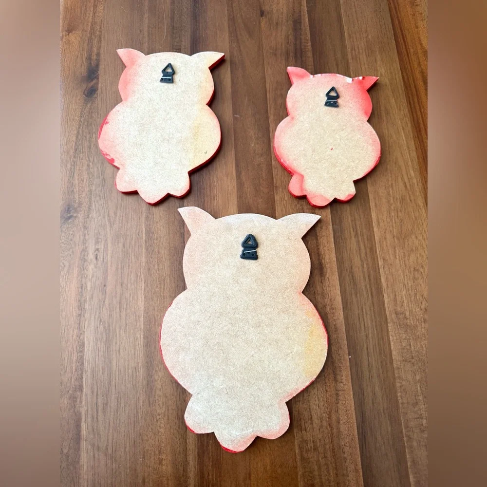 Set of Three Wood Orange Owl Wall Art